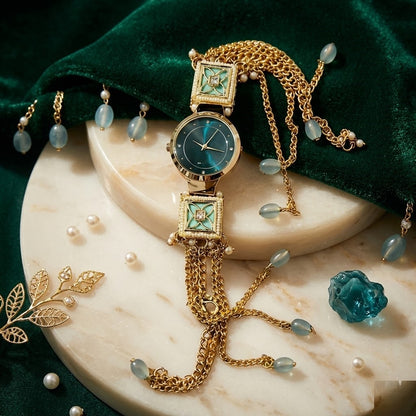 Emerald Teal Green Meenakari Jewelry Watch – Luxury Square Enamel Work Traditional Bracelet Watch for Women