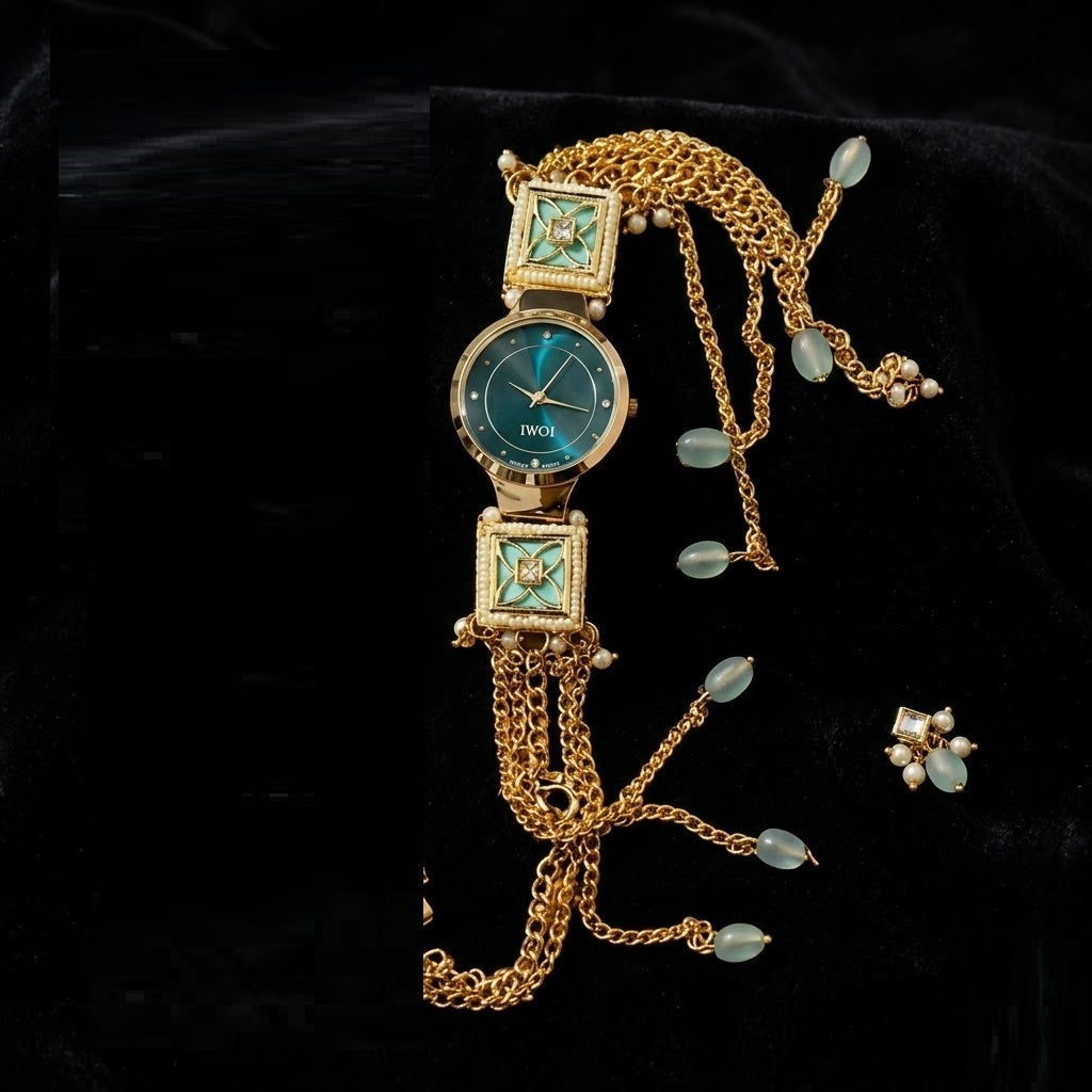 Emerald Teal Green Meenakari Jewelry Watch – Luxury Square Enamel Work Traditional Bracelet Watch for Women