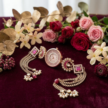 Imperial Ruby Red Chandbali Motif Jewelry Watch – Royal Crescent Moon Crafted Wedding Wear Bracelet Watch