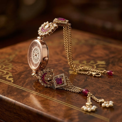 Imperial Ruby Red Chandbali Motif Jewelry Watch – Royal Crescent Moon Crafted Wedding Wear Bracelet Watch