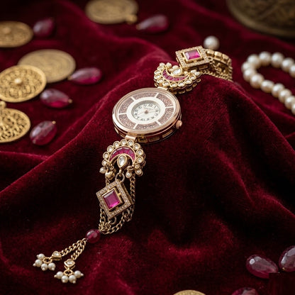 Imperial Ruby Red Chandbali Motif Jewelry Watch – Royal Crescent Moon Crafted Wedding Wear Bracelet Watch