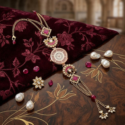 Imperial Ruby Red Chandbali Motif Jewelry Watch – Royal Crescent Moon Crafted Wedding Wear Bracelet Watch