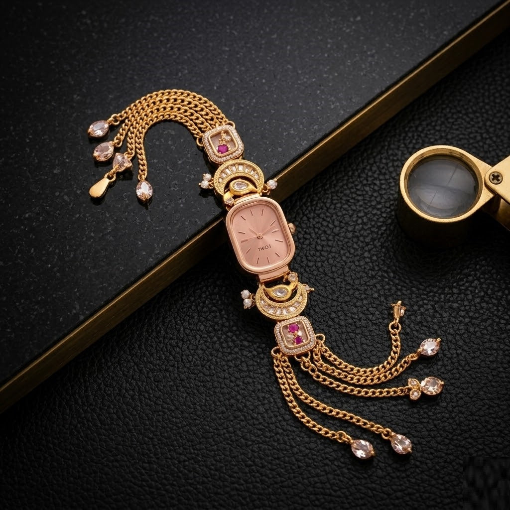 Aura Rose Gold Oval Polki Diamond Bracelet Watch – Premium CZ Crystal Hand-Crafted Luxury Watch