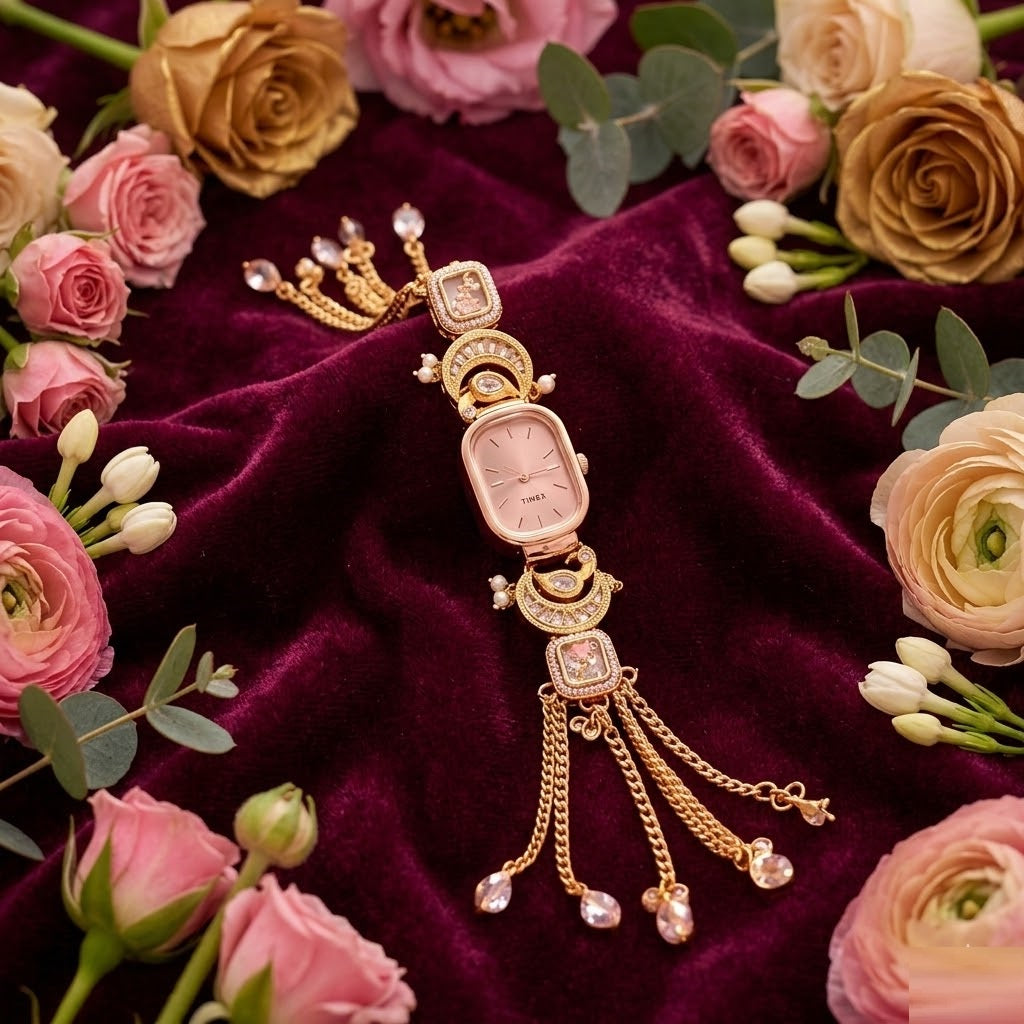 Aura Rose Gold Oval Polki Diamond Bracelet Watch – Premium CZ Crystal Hand-Crafted Luxury Watch