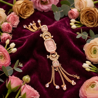 Aura Rose Gold Oval Polki Diamond Bracelet Watch – Premium CZ Crystal Hand-Crafted Luxury Watch
