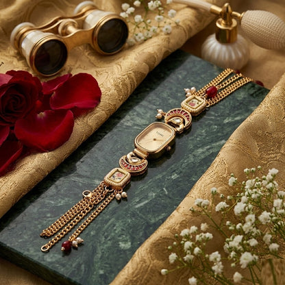 Vintage Champagne Oval Floral Meenakari Watch – Royal Gold Hand-Painted Jewelry Bracelet Watch