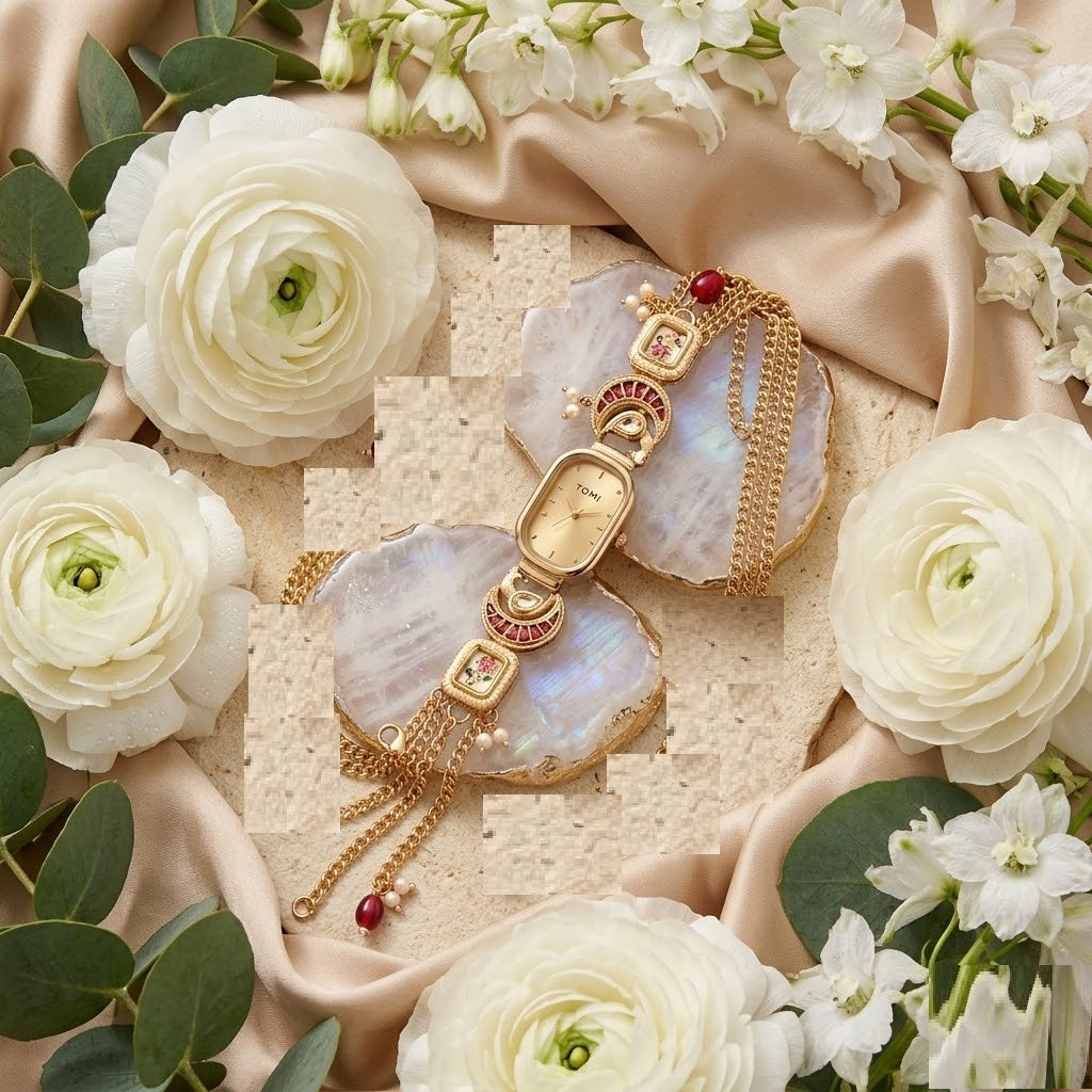 Vintage Champagne Oval Floral Meenakari Watch – Royal Gold Hand-Painted Jewelry Bracelet Watch