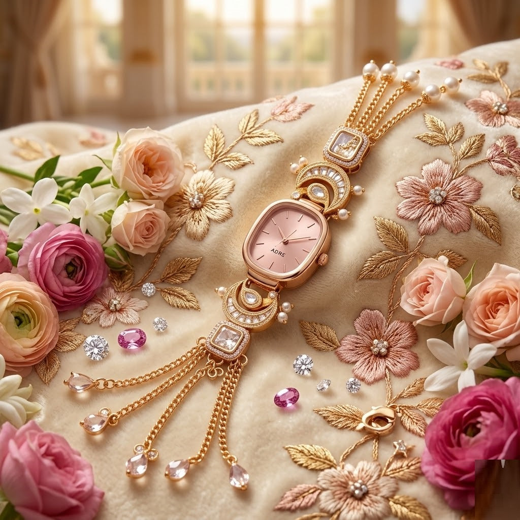 Aura Rose Gold Oval Polki Diamond Bracelet Watch – Premium CZ Crystal Hand-Crafted Luxury Watch