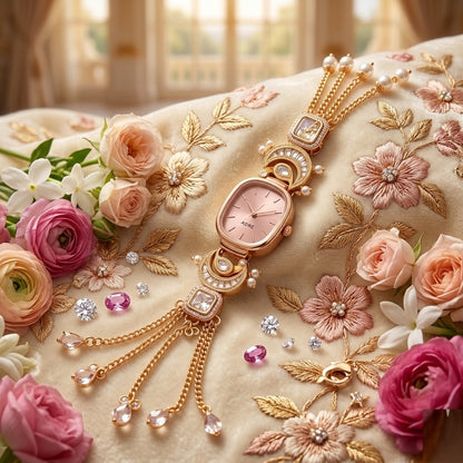 Aura Rose Gold Oval Polki Diamond Bracelet Watch – Premium CZ Crystal Hand-Crafted Luxury Watch