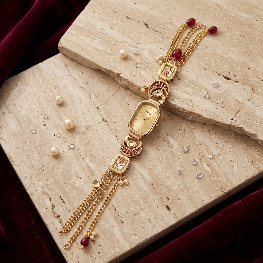 Vintage Champagne Oval Floral Meenakari Watch – Royal Gold Hand-Painted Jewelry Bracelet Watch