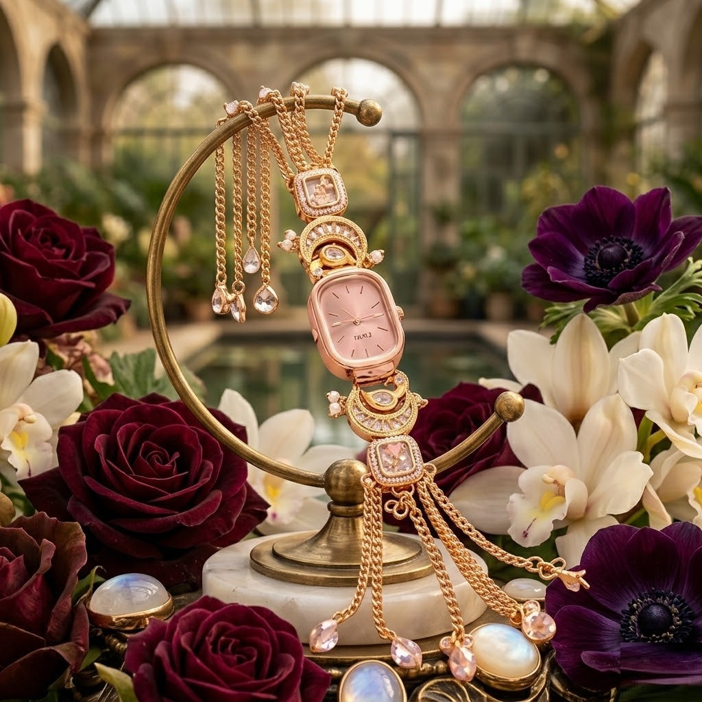 Aura Rose Gold Oval Polki Diamond Bracelet Watch – Premium CZ Crystal Hand-Crafted Luxury Watch