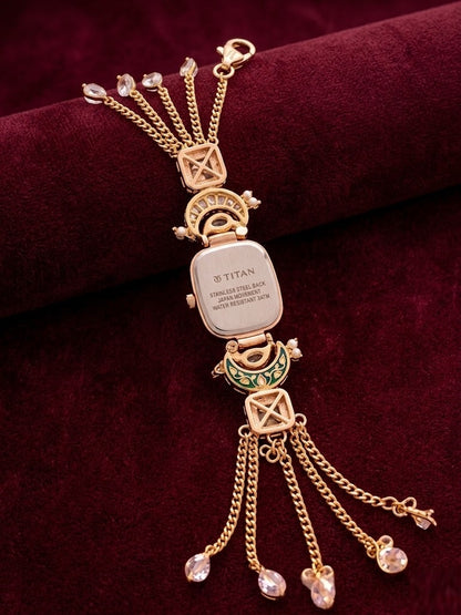 Vintage Champagne Oval Floral Meenakari Watch – Royal Gold Hand-Painted Jewelry Bracelet Watch