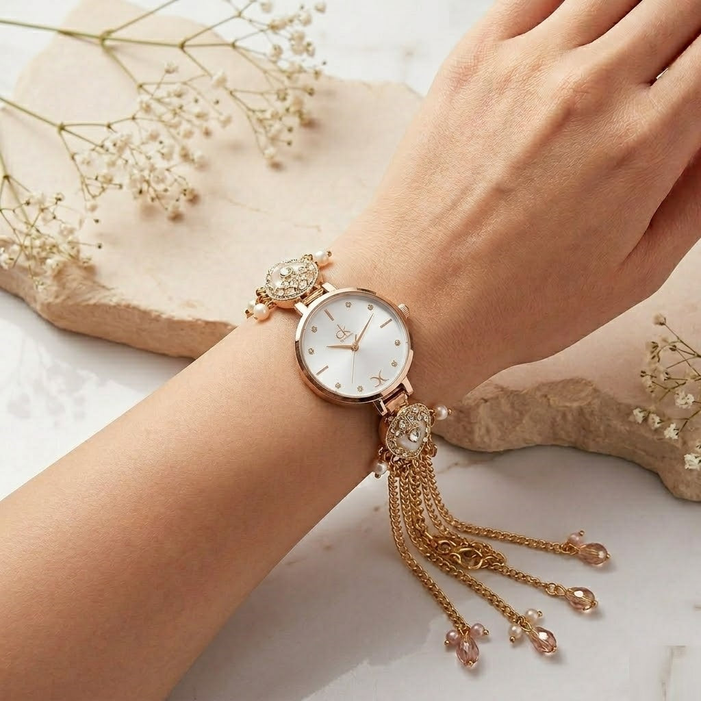 Royale Pearl White Round Jewelry Bracelet Watch for Women – Traditional Kundan Crafted Multi-Strand Gold Chain Watch