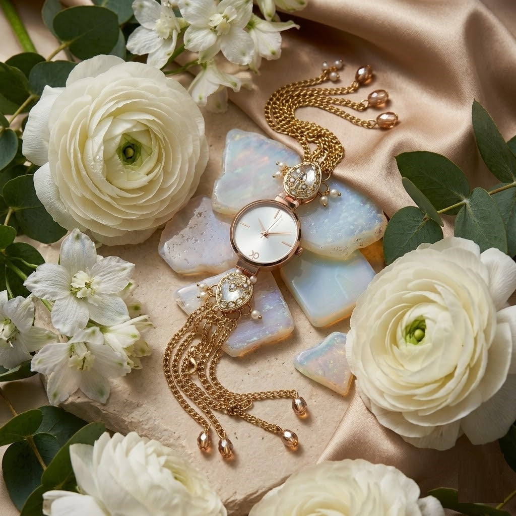 Royale Pearl White Round Jewelry Bracelet Watch for Women – Traditional Kundan Crafted Multi-Strand Gold Chain Watch