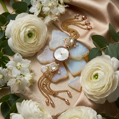 Royale Pearl White Round Jewelry Bracelet Watch for Women – Traditional Kundan Crafted Multi-Strand Gold Chain Watch