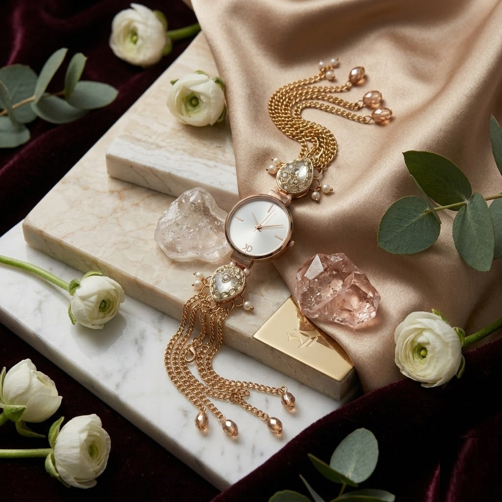 Royale Pearl White Round Jewelry Bracelet Watch for Women – Traditional Kundan Crafted Multi-Strand Gold Chain Watch