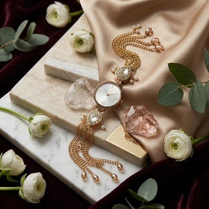Royale Pearl White Round Jewelry Bracelet Watch for Women – Traditional Kundan Crafted Multi-Strand Gold Chain Watch