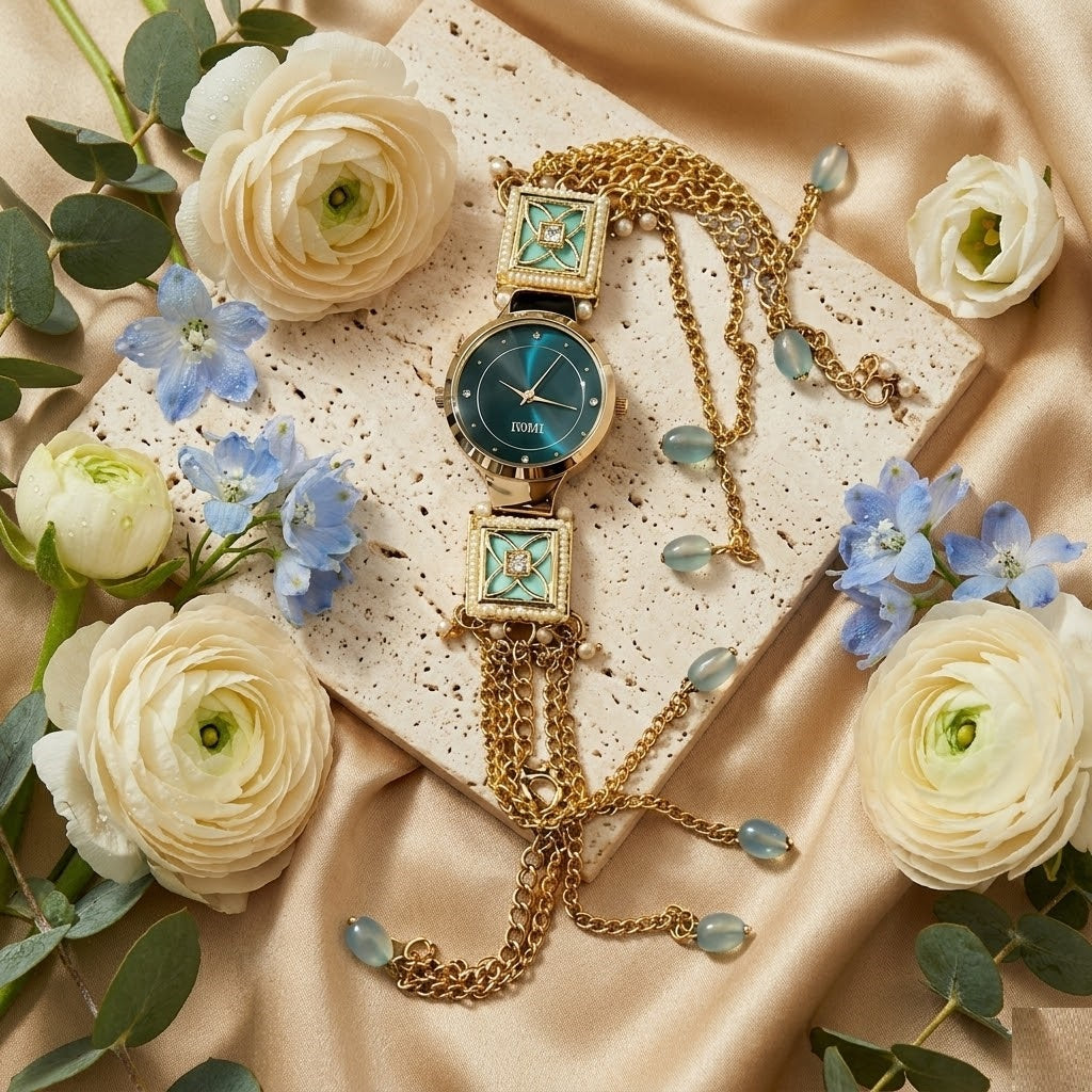 Emerald Teal Green Meenakari Jewelry Watch – Luxury Square Enamel Work Traditional Bracelet Watch for Women