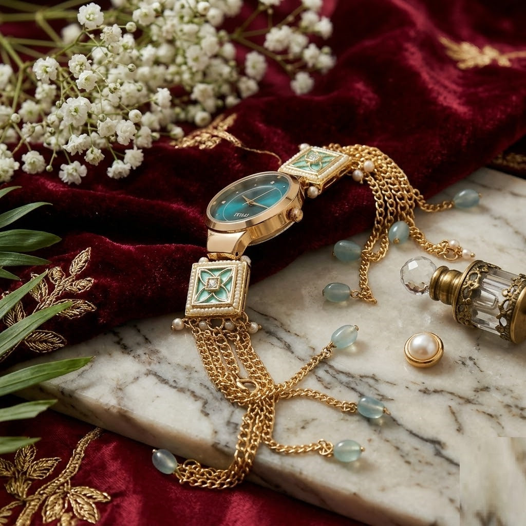 Emerald Teal Green Meenakari Jewelry Watch – Luxury Square Enamel Work Traditional Bracelet Watch for Women