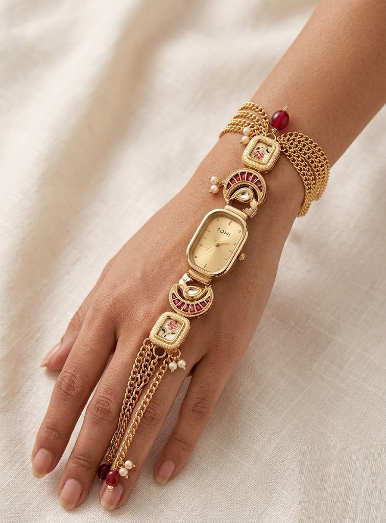 Vintage Champagne Oval Floral Meenakari Watch – Royal Gold Hand-Painted Jewelry Bracelet Watch