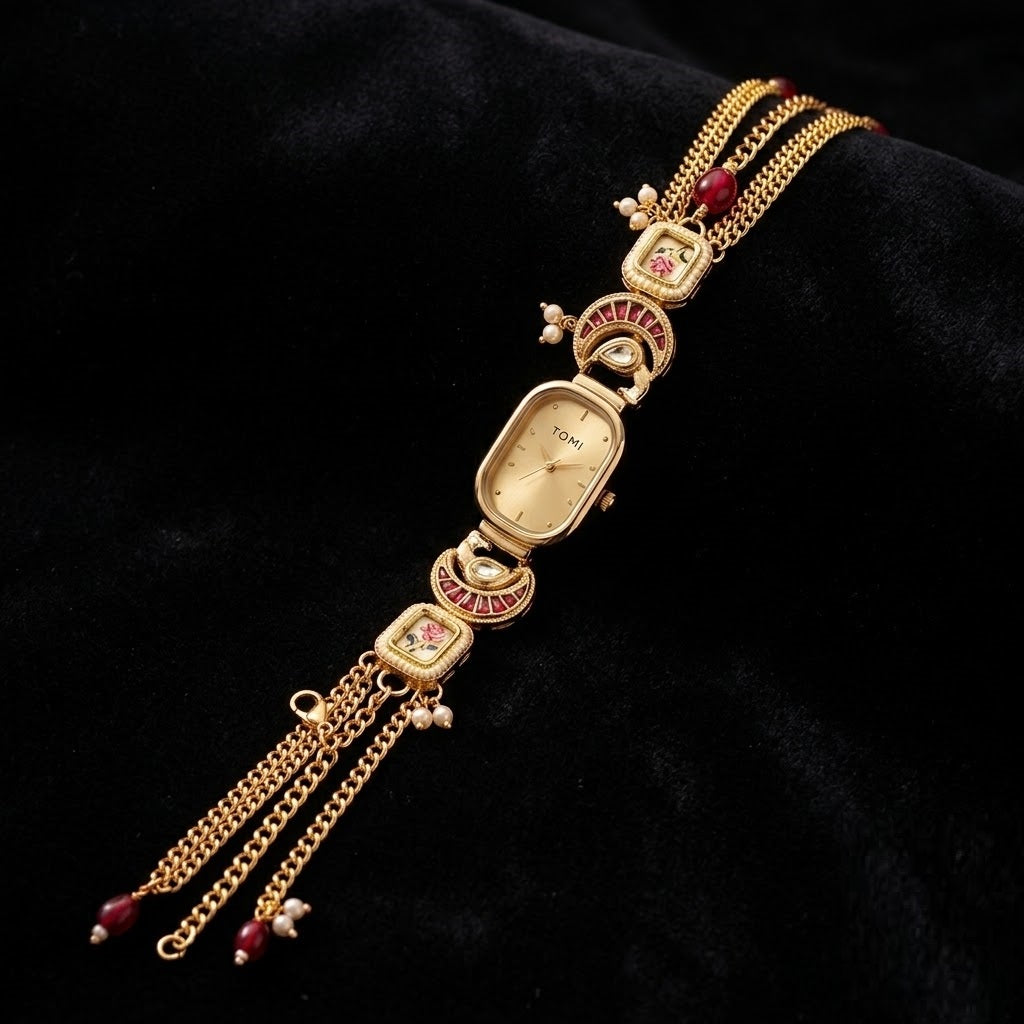 Vintage Champagne Oval Floral Meenakari Watch – Royal Gold Hand-Painted Jewelry Bracelet Watch