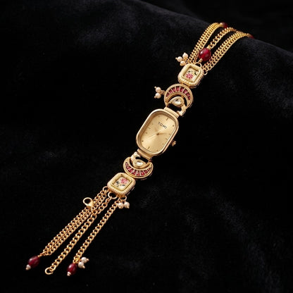 Vintage Champagne Oval Floral Meenakari Watch – Royal Gold Hand-Painted Jewelry Bracelet Watch