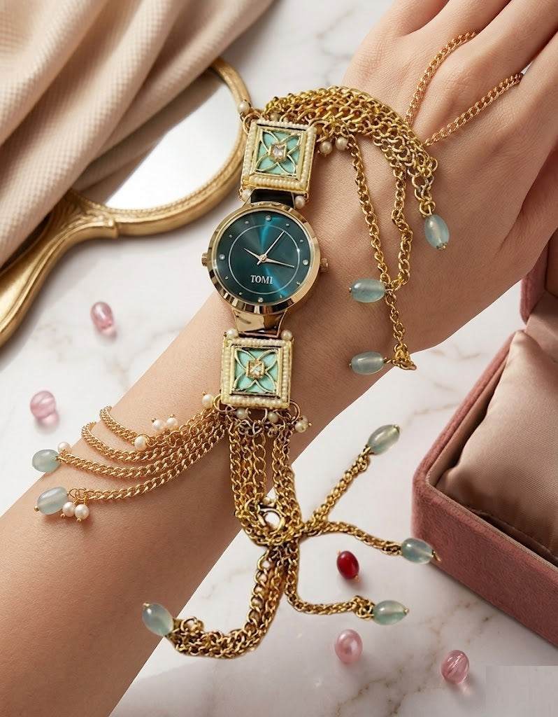 Emerald Teal Green Meenakari Jewelry Watch – Luxury Square Enamel Work Traditional Bracelet Watch for Women