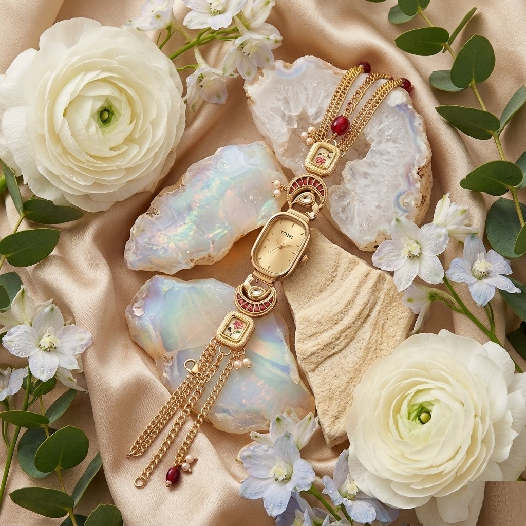 Vintage Champagne Oval Floral Meenakari Watch – Royal Gold Hand-Painted Jewelry Bracelet Watch