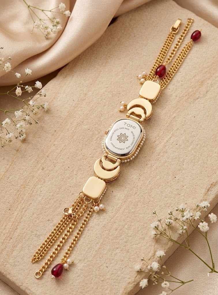Vintage Champagne Oval Floral Meenakari Watch – Royal Gold Hand-Painted Jewelry Bracelet Watch
