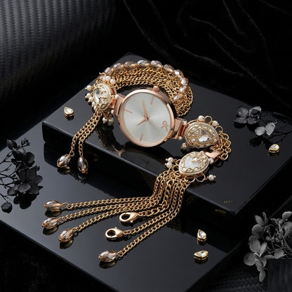 Royale Pearl White Round Jewelry Bracelet Watch for Women – Traditional Kundan Crafted Multi-Strand Gold Chain Watch