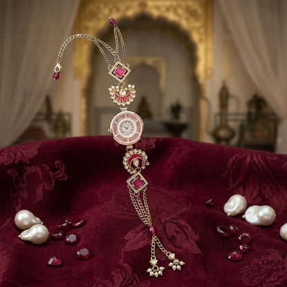 Imperial Ruby Red Chandbali Motif Jewelry Watch – Royal Crescent Moon Crafted Wedding Wear Bracelet Watch